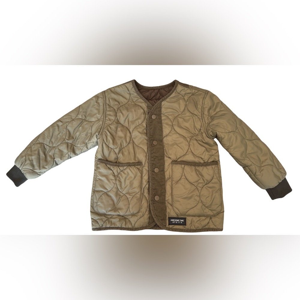 ZARA Unisex Quilted Military Style Jacket Reversible Size 6 Olive Green Snap Up